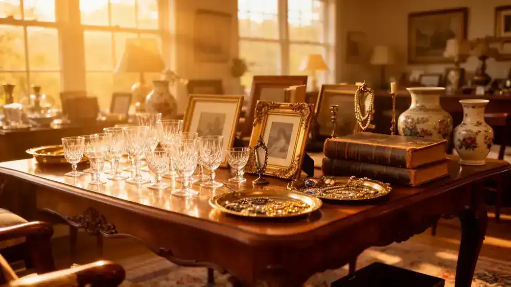 Tables of vintage and antique treasures at a local estate sale
